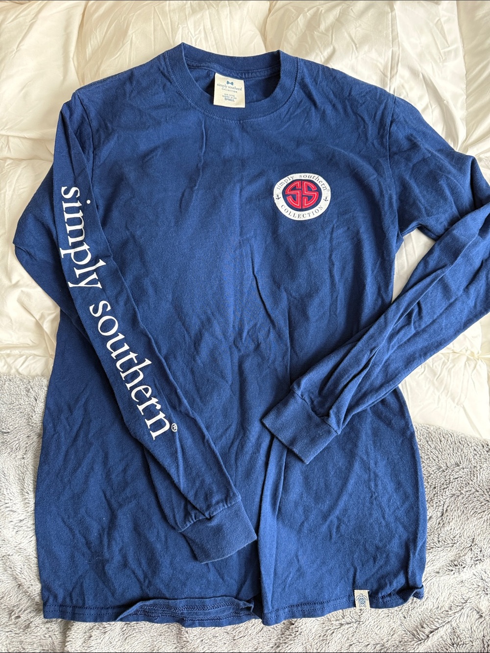 Simply Southern Navy Long Sleeve Tee with White Sleeve Logo